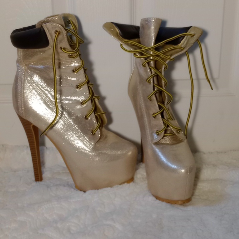 Women's Platform Lace-Up High Heel Ankle Boots - Champagne